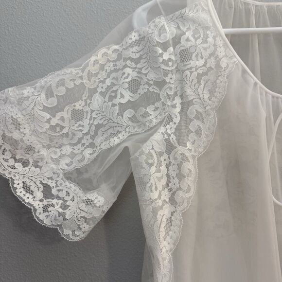 VTG Shadowline Peignoir Set Bridal Medium White Gown Nylon Double Chiffon Pearls - Picture 11 of 16